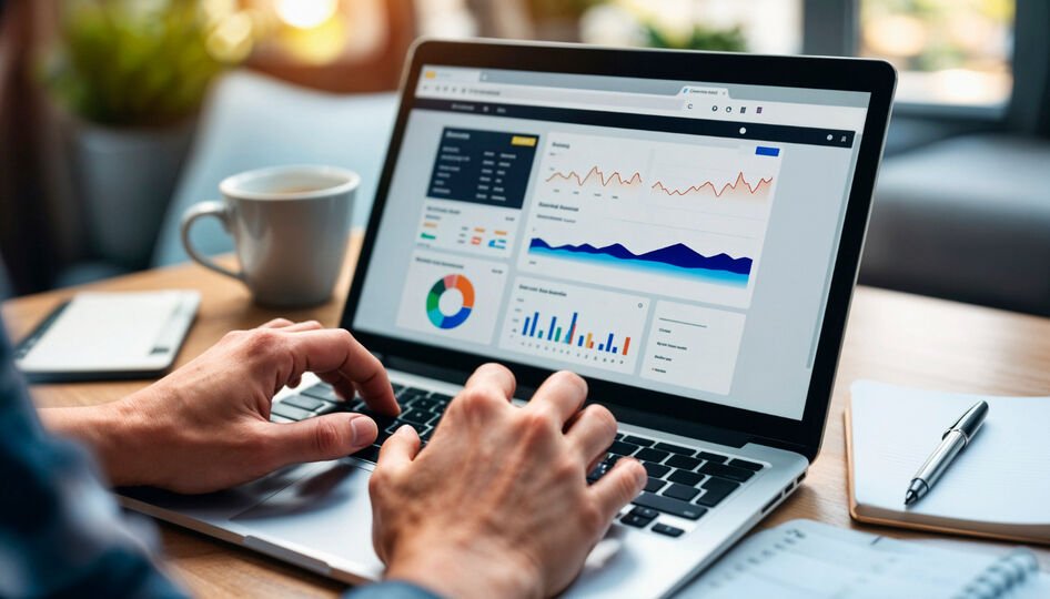 Marketer analyzing keyword research data on a laptop to find the right keywords for SEO