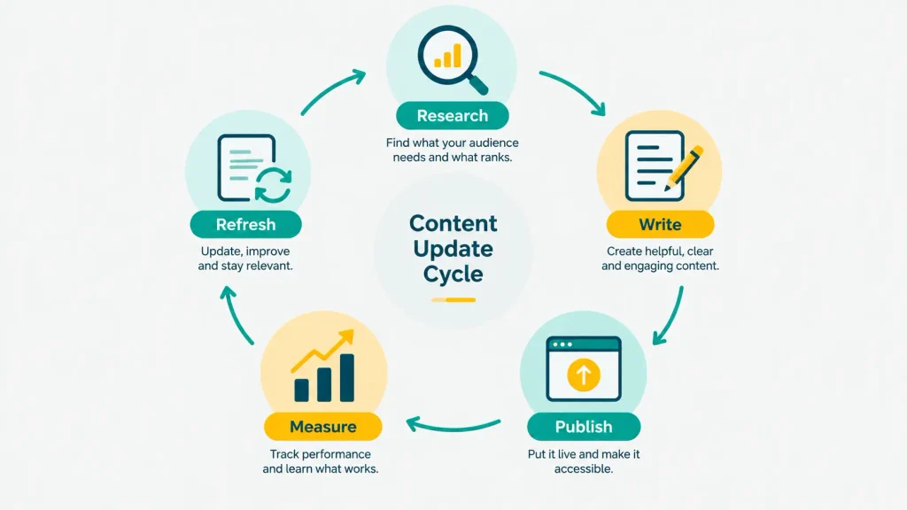 Content update cycle showing how to refresh and measure SEO content