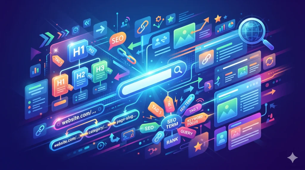 Illustration of digital marketing elements and structural symbols related to on-page seo, including tag hierarchies, URLs, and search optimization icons.