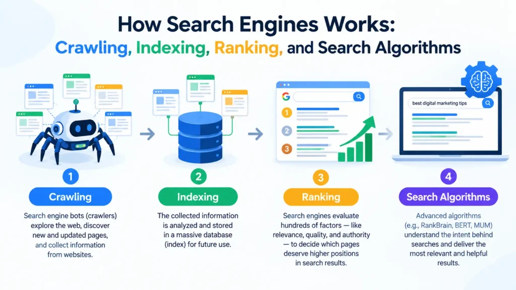 Illustration showing how search engines work through crawling, indexing, and ranking