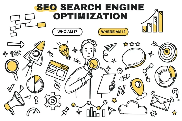 SEO content strategy illustration featuring search engine optimization concepts, keyword research, analytics, content planning, and digital marketing icons.