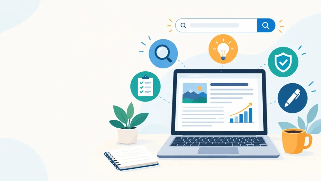 SEO Content writing illustration featuring a laptop, search optimization icons, and an upward growth chart.