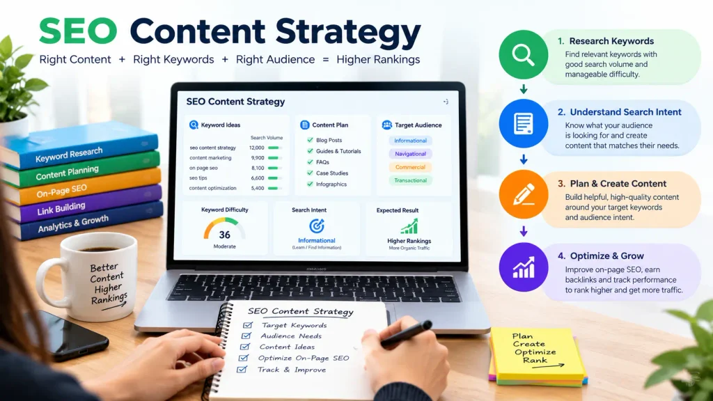 SEO content strategy dashboard showing keyword research, audience search intent, content planning, and optimization for higher search engine rankings.