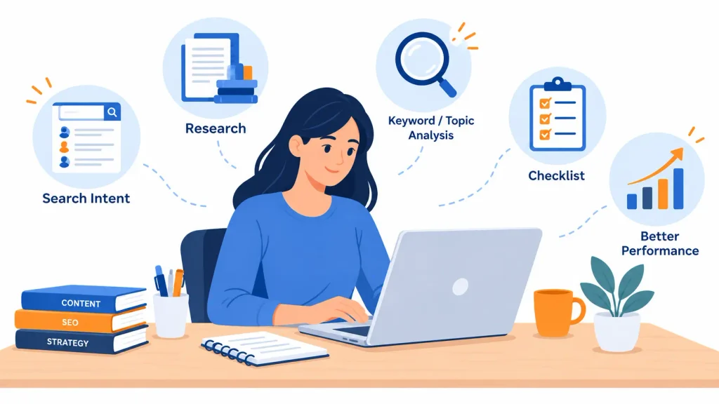 Content writer planning SEO content strategy with search intent and research icons