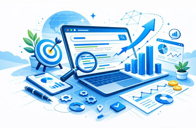 SEO illustration showing a laptop with a search bar and magnifying glass, representing what is seo